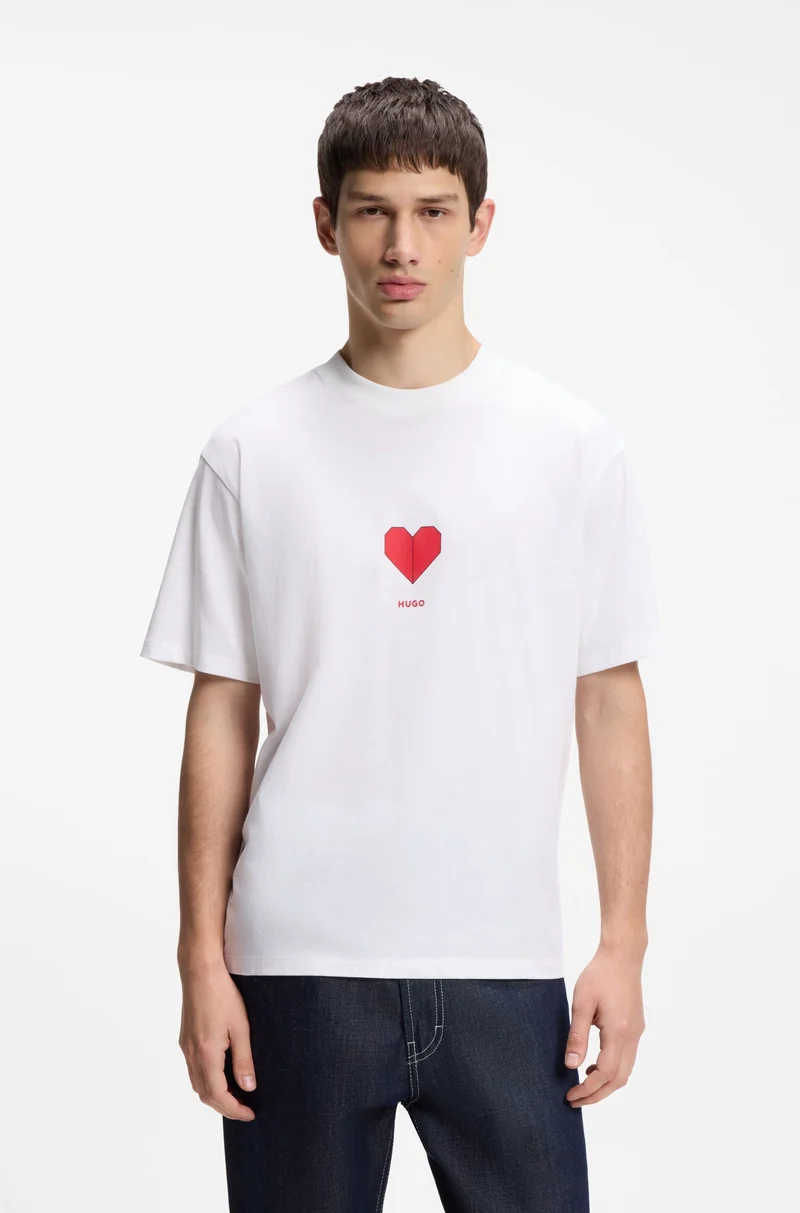 HUGO Cotton-jersey T-shirt with origami-heart prints